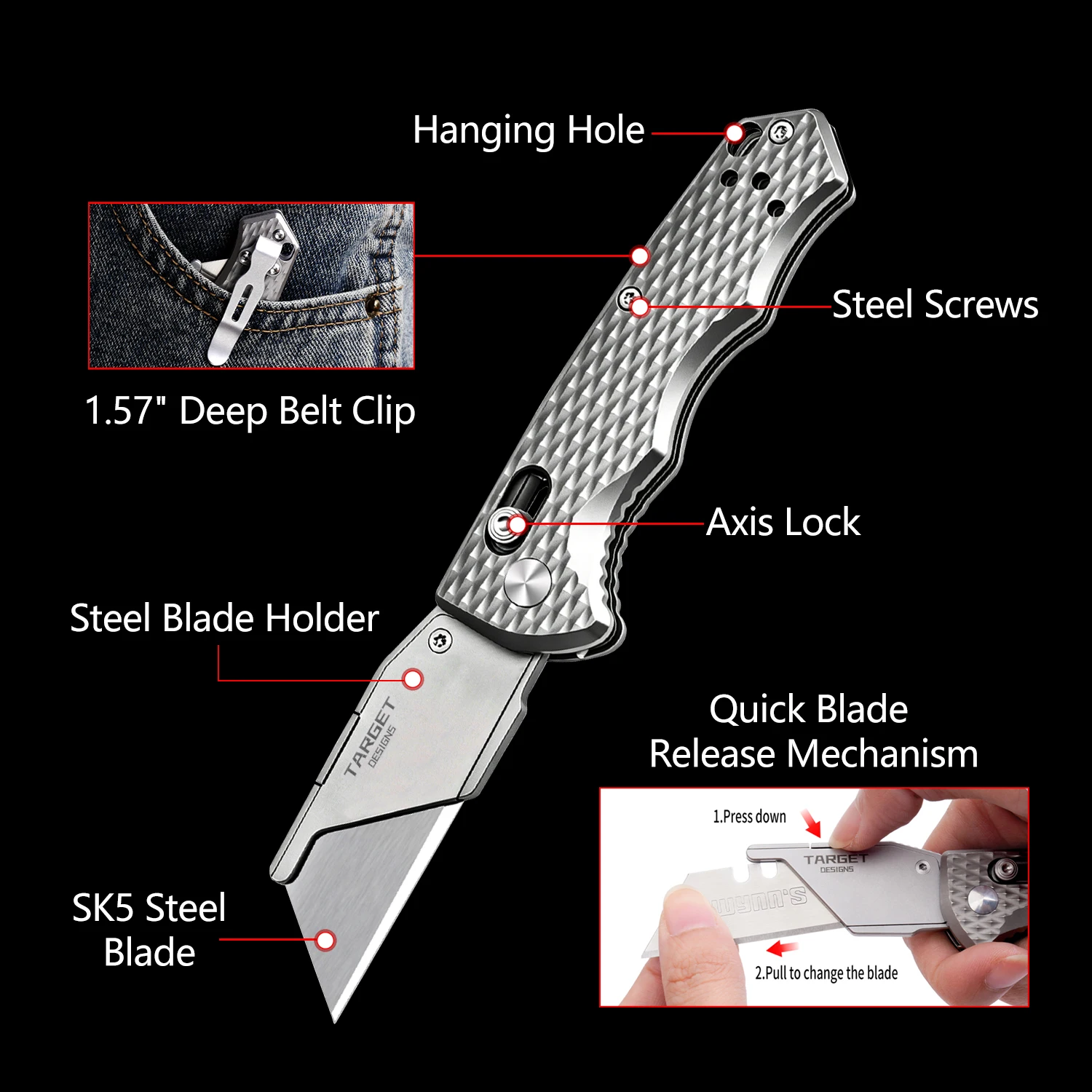 TGZUO Titanium Folding Utility Knife, EDC Pocket Knife with Clipk, Lightweight Box Cutter W/10PCS Razor Blades (TARGET DESIGNS) view 5