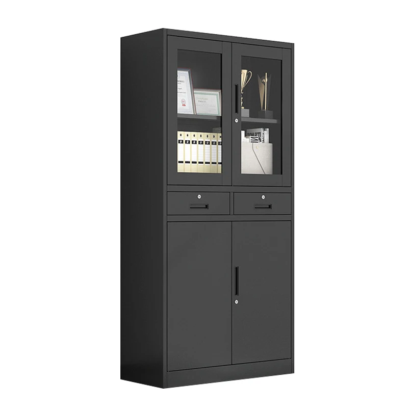 Office Cabinet Double Door Black Steel Locker File Cabinet Glass Door Office Storage Cupboard