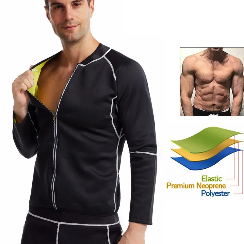 Men Sauna Sweat Jacket Shapewear Workout Weight Loss Long Sleeves Waist Trainer Body Shaper Gym Fitness Zipper Undershirt Tops