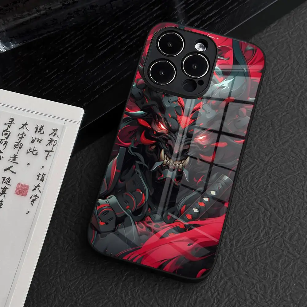 Japan Samurai Oni Mask Phone Case for iPhone 15 Pro Max 14 Plus 12 Mini 11 13 14 Pro Max Magsafe Wireless Charge Glass Cover