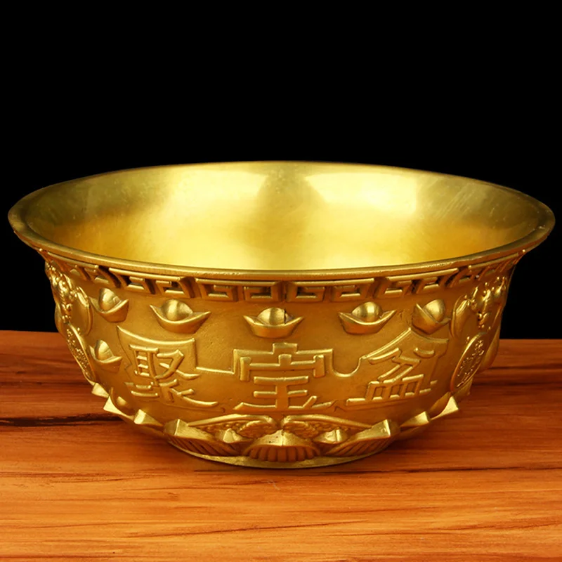 Bowl Offering Basin Water Treasure Feng Shui Fruit Altar Golden Brass Meditation Cup Holder Wealth Supplies Good Money 〔Nest〕