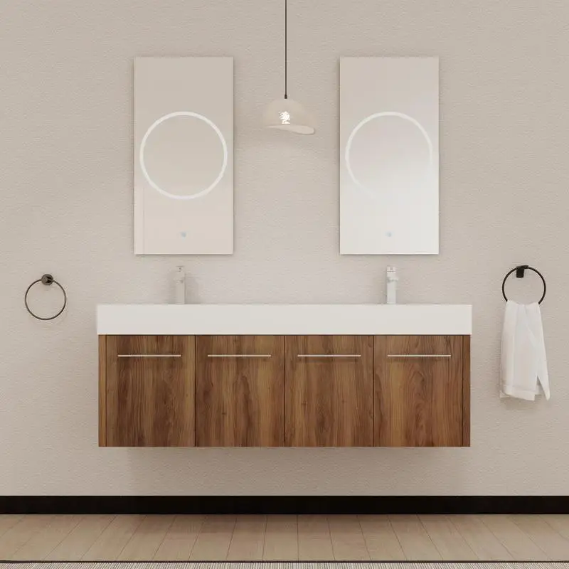 

60" Wall-Mounted Bathroom Vanity with Thick Edge Double Resin Sink, KD Package Design