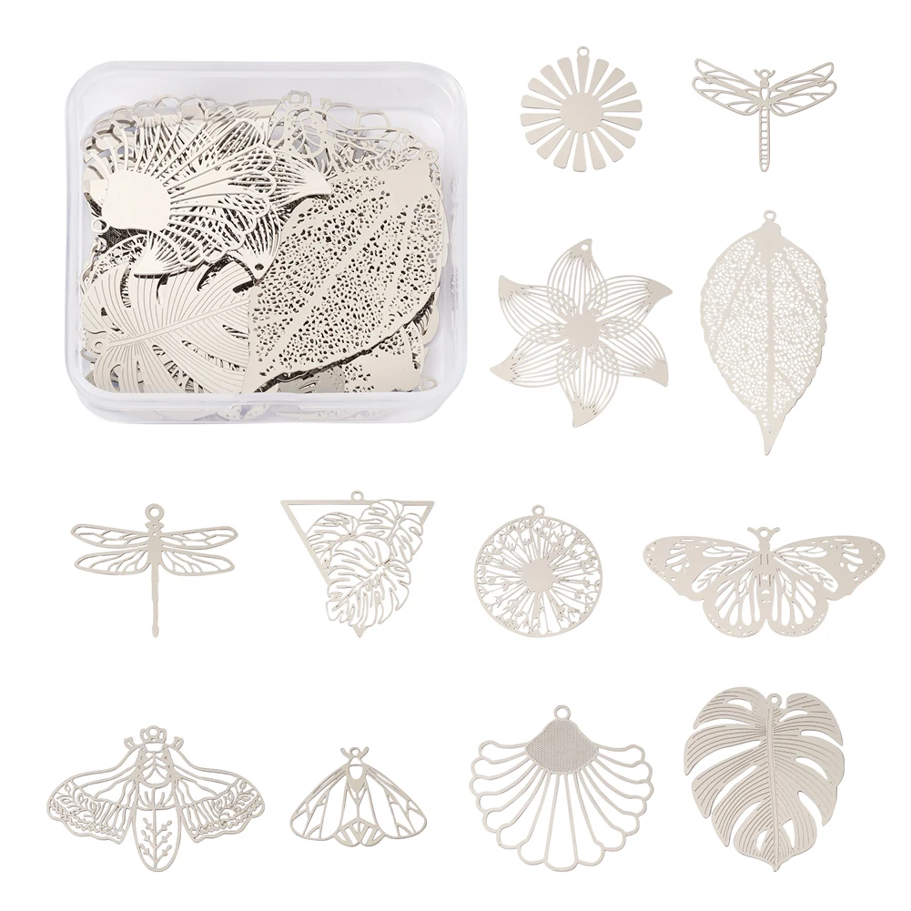 48Pcs Stainless Steel Filigree Animal Plants Pattern Pendant Etched Metal Necklace Earring Charms for Vintage DIY Jewelry Making