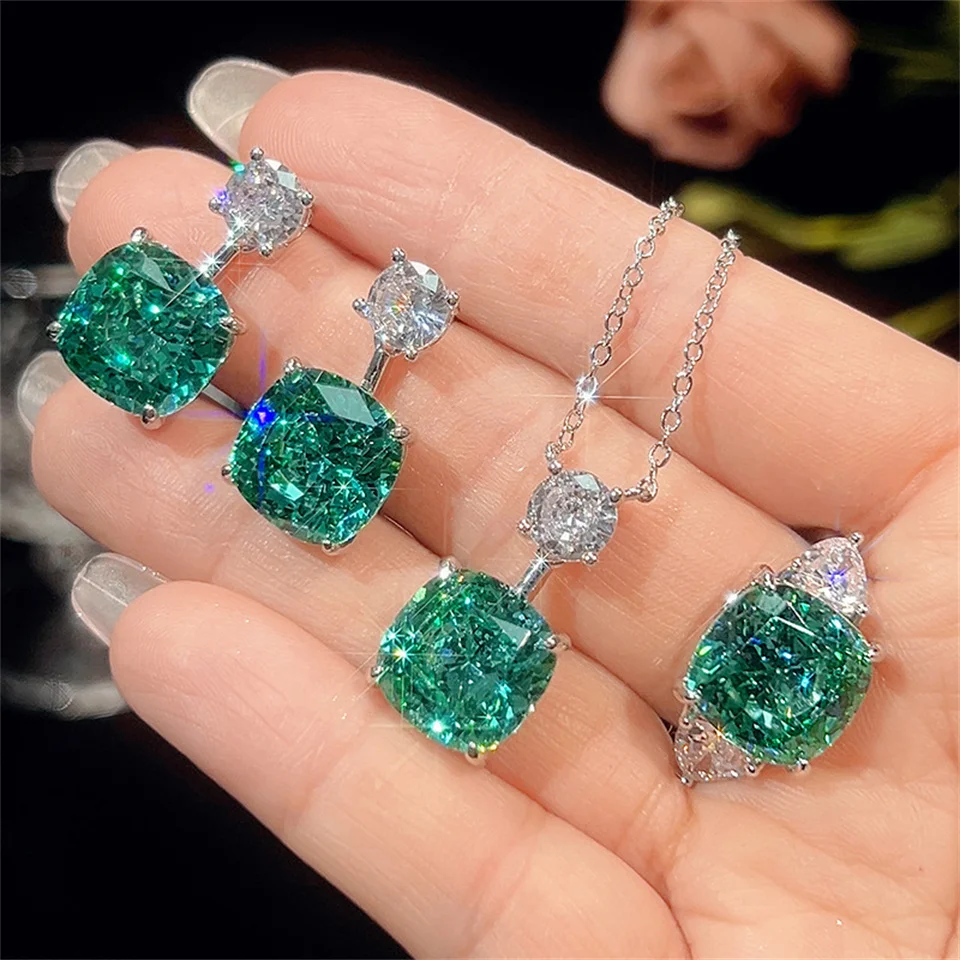 

Fashion Square Emerald Rings Necklaces Earrings Jewelry Set Palla Green Retro Style Stainless Steel Jewelry Set Main Stone 12*12