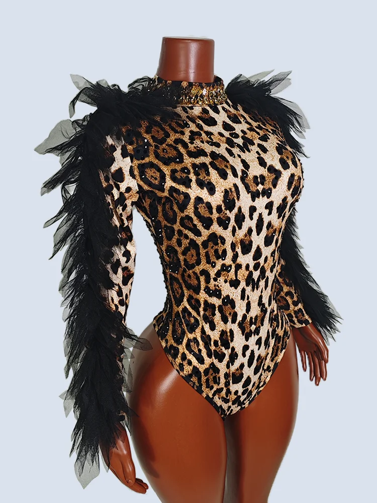 ليوبارد طباعة الأسود الراين ارتداءها طويلة الأكمام مثير Showgirls فريق المرحلة زي ملهى ليلي GOGO ملابس الرقص عيد ميلاد DJ #1