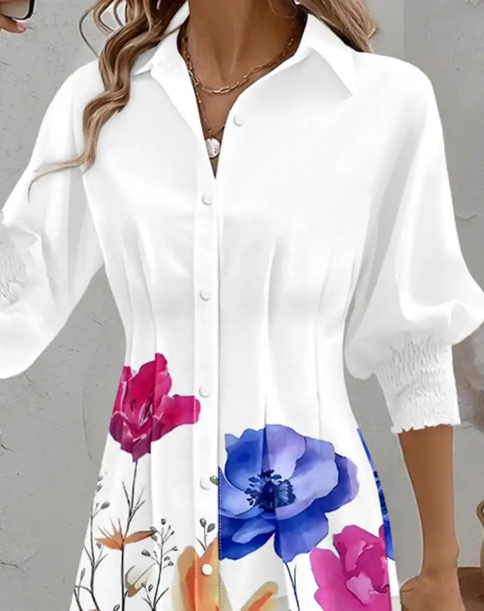 Abiti camicia da donna Abbigliamento autunnale Temperamento Moda femminile Stampa floreale Colletto rovesciato Manica lunga Abito casual con pieghe pressate