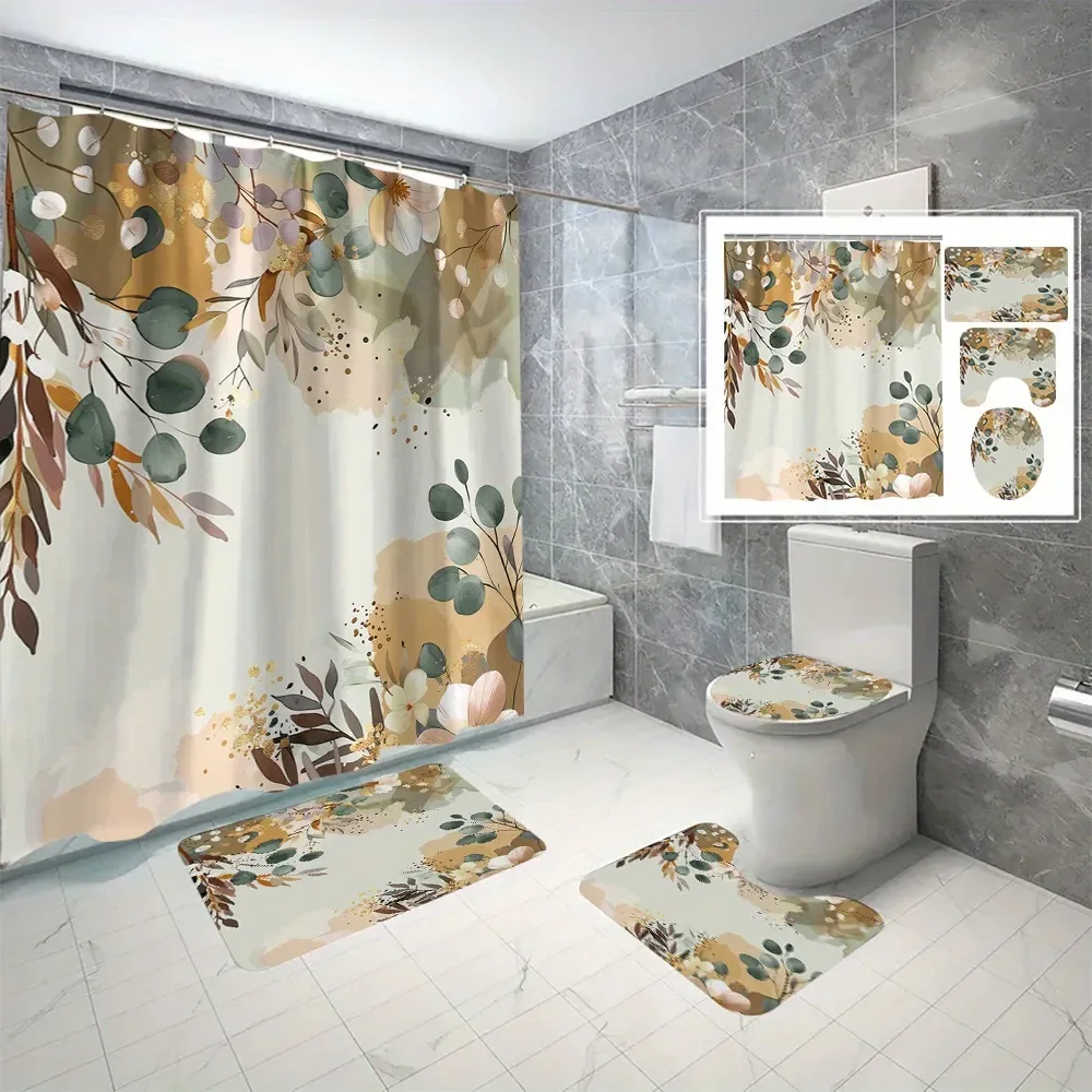 4 Pcs Eucalyptus Shower Curtain Set Waterproof Fabric Bath Curtain Green Leaves Non-Slip Bath Mat Toilet Lid Cover Decor