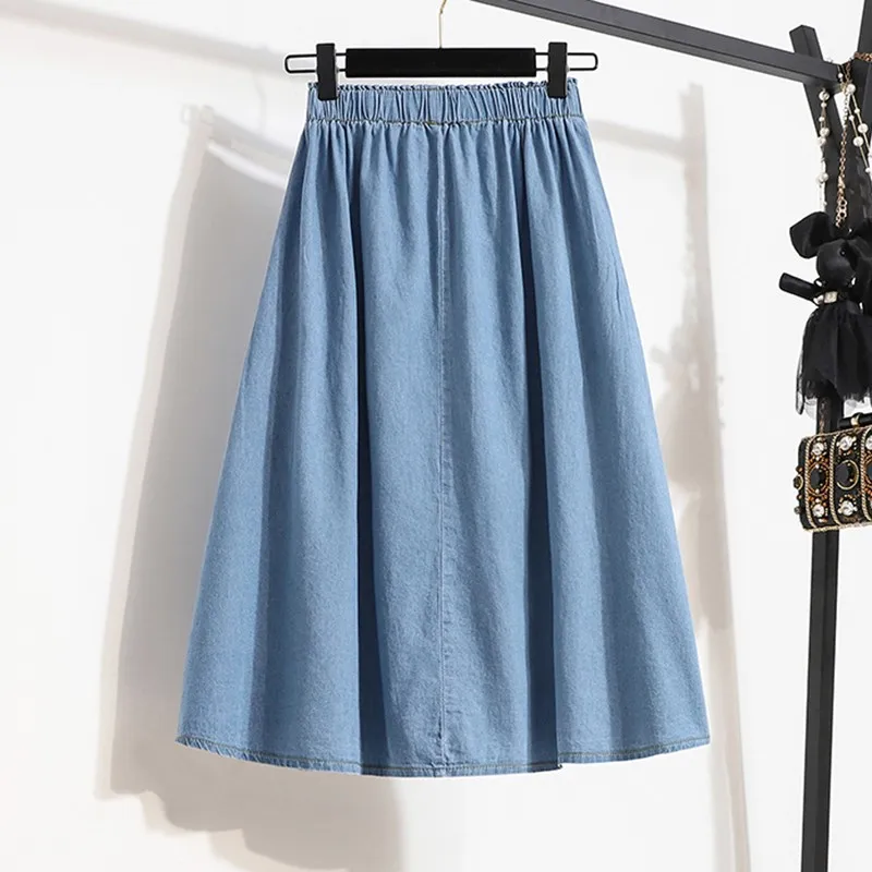 

Новое поступление 2024, весенняя простая стильная однотонная эластичная женская джинсовая юбка трапециевидной формы с высокой талией B1583, женские повседневные джинсовые юбки