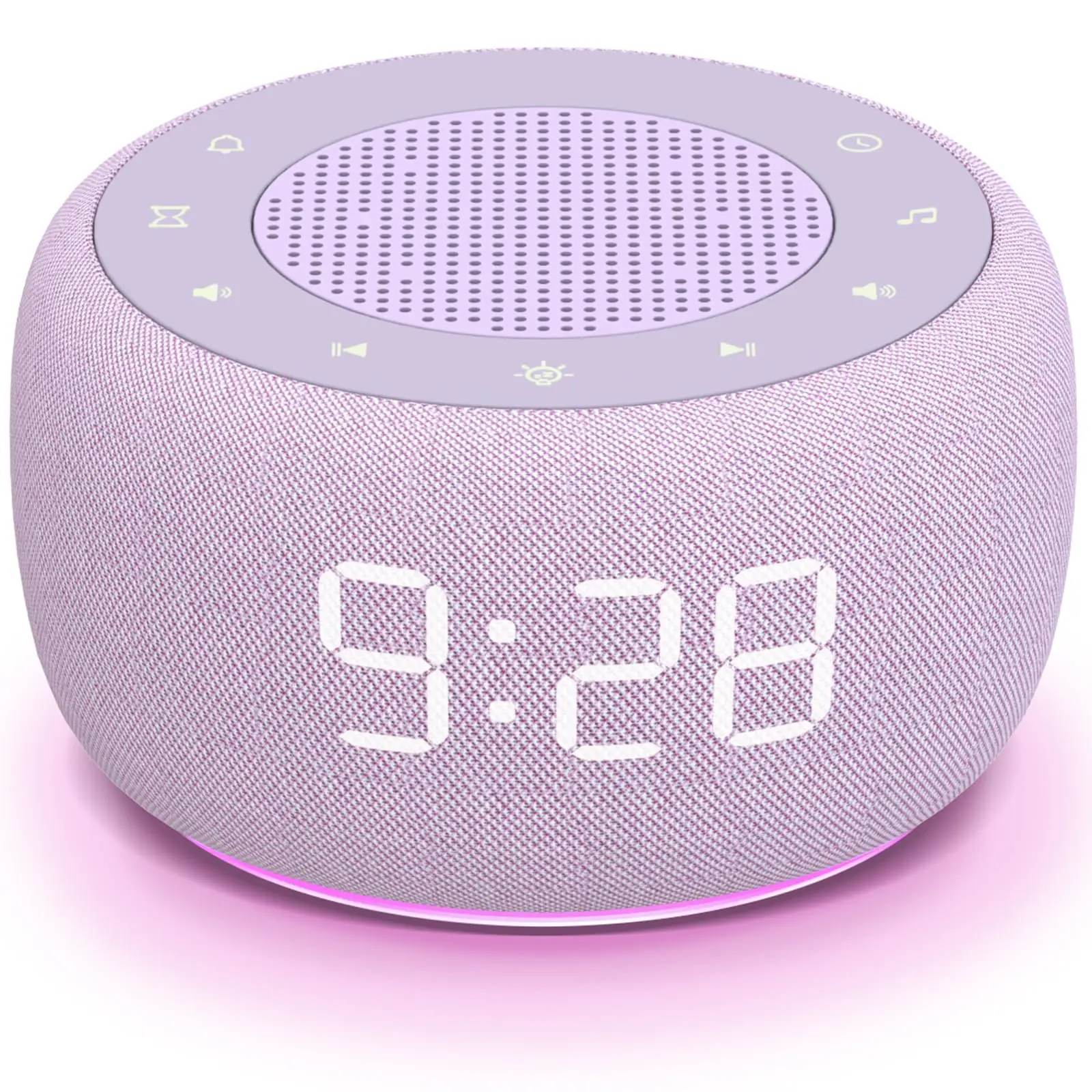 

Purple Special Alarm Face, 0-100% Brightness, Bottom Color Light, Sleep Timer, Accurate 30 Level Volume, White Noise Machine