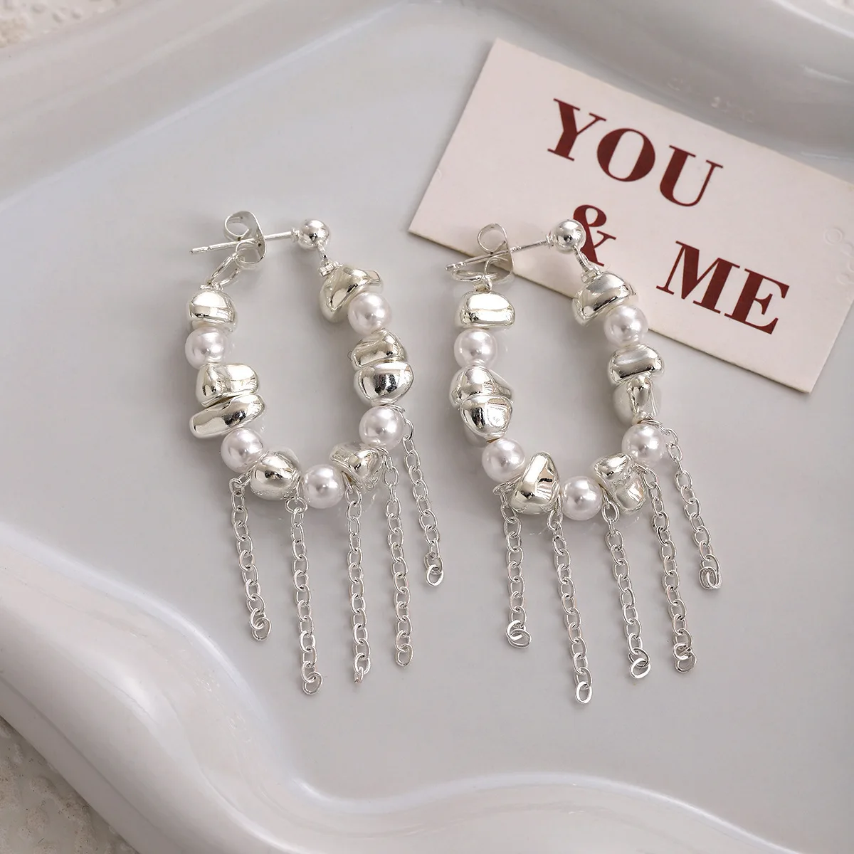 Punk Beaded Beads Hoop Dangle Earrings for Women Trendy Long Tassel Drop Earrings Round Geometry Personality Jewelry