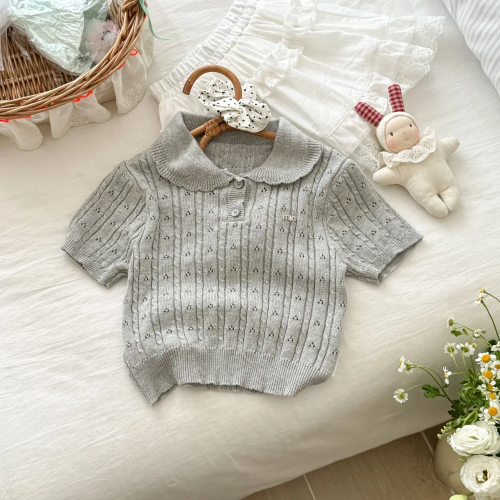 Conjunto de punto de cuello  estilo preppy para niñas, conjunto de verano de manga corta con bordado de aodón y falda d...