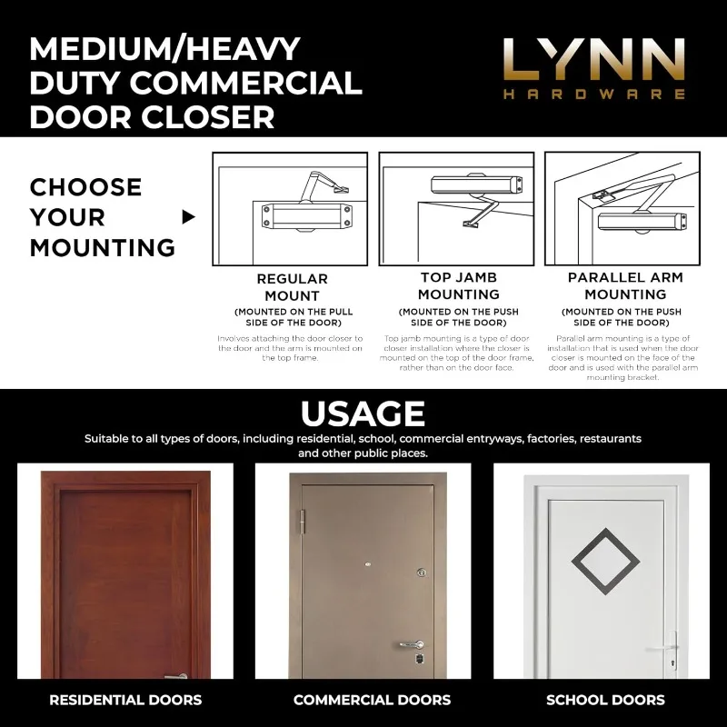 Medium/Heavy Duty Commercial Door Closer - DC7016 Surface Mounted, Grade 1- ADA & UL 3 Hour Fire Rated, Adjustable