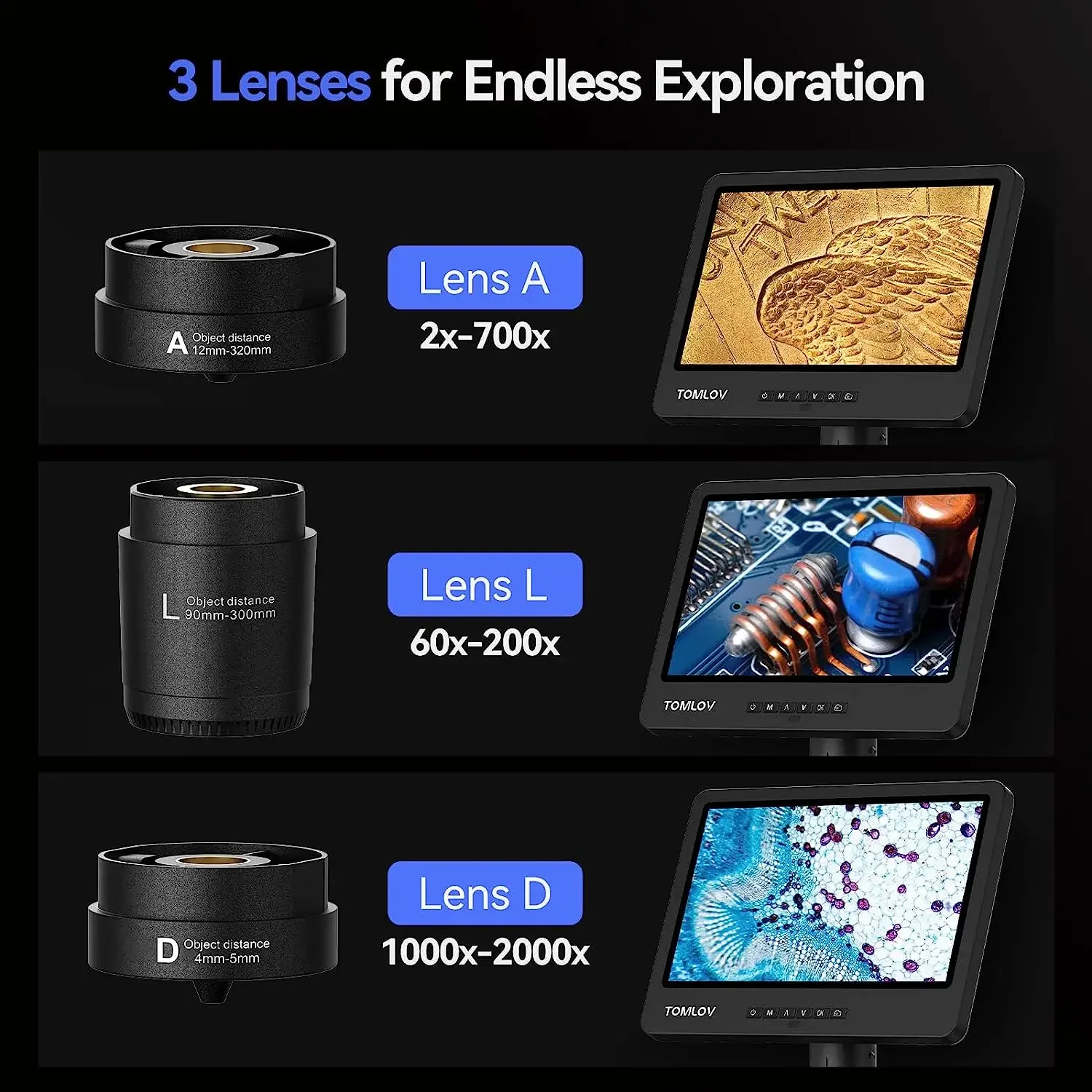 DM602 فليكس مجهر لحام رقمي 2000X 10.1 "HD المجاهر 3 عدسة عملة مجهر مصباح مصمم على شكل حلقة لإصلاح #3