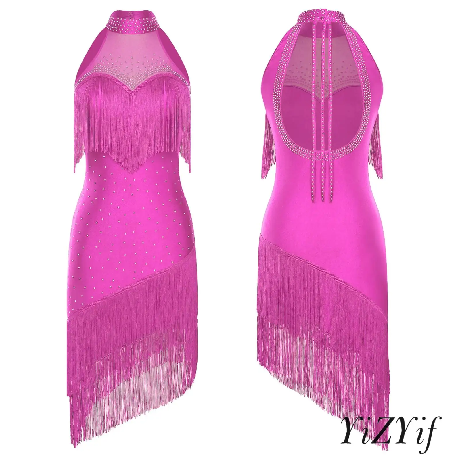 Glamorous Latin Dance Dress Womens Rhinestone Fringe Belly Dance Costume Backless Tango Rumba Latin Ballet Performance Outfit