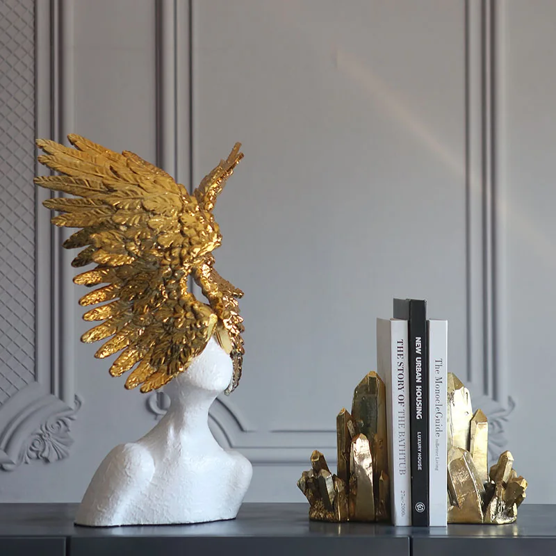 Home Decor Accessories 52Cm Gold Feather Mask Character Sculpture Figurine Living Room Ornament Objects Resin Art Craft Gift