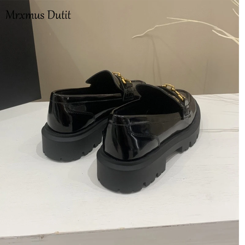 Mrxmus Dutit 2024 New Women Genuine Leather Round Head Thick Loafer Shallow Black Wild Casual Simple Slip-on Shoes Female