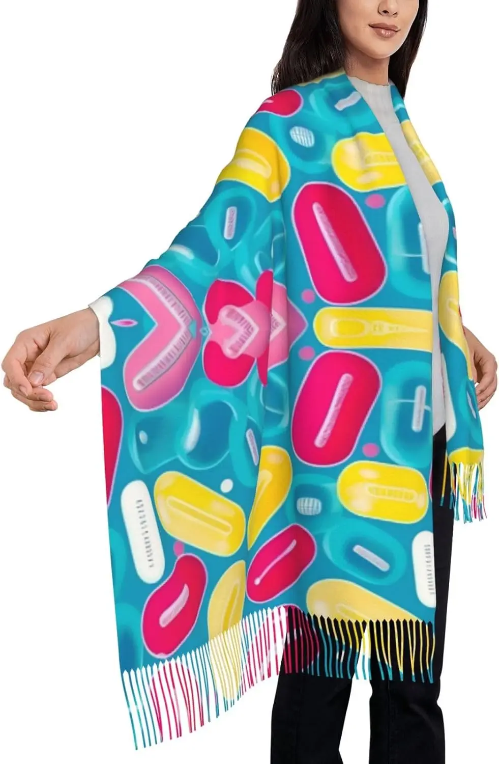 Uroczy szal z frędzlami z nadrukiem pielęgniarki, poziomy szal z frędzlami imitujący kaszmir, ciepły i modny na jesień i zimę, idealny na zimę.