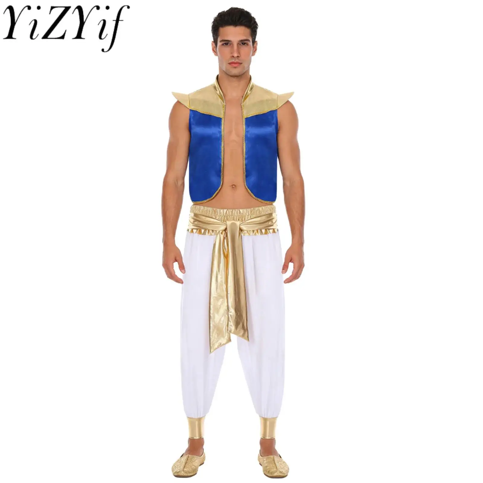

Men Halloween Arabic Prince Role Play Costume Fly Sleeve Vest And Sash Waist Long Pants Set for Magical Lamp Character Outfits