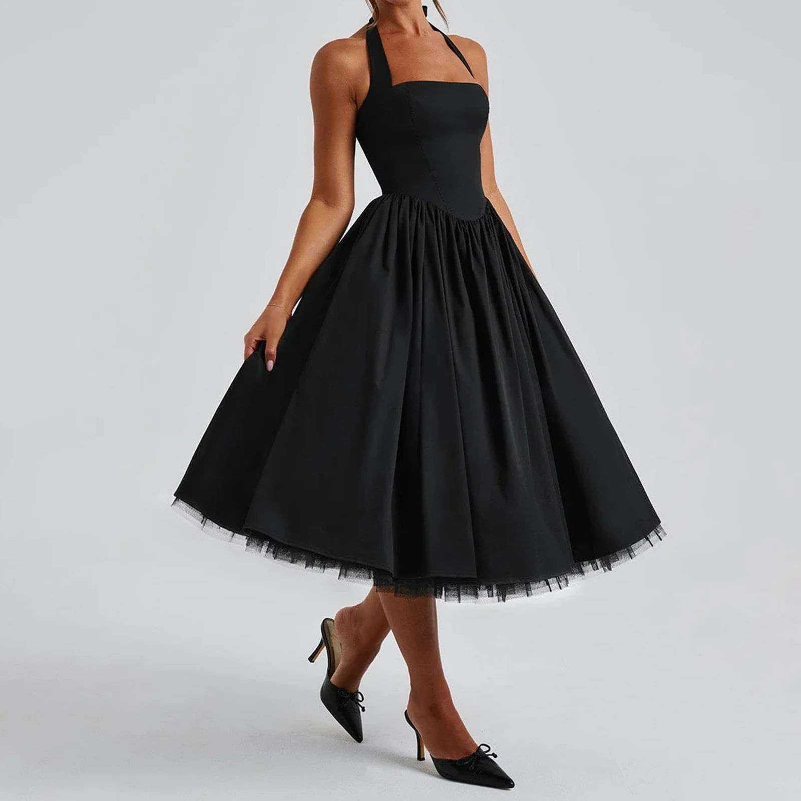 فستان توتو نسائي بلون سادة أنيق برباط ورقبة رسن بدون أكمام مفتوح الظهر متقاطع على شكل حرف a فستان ميدي بدون أكمام