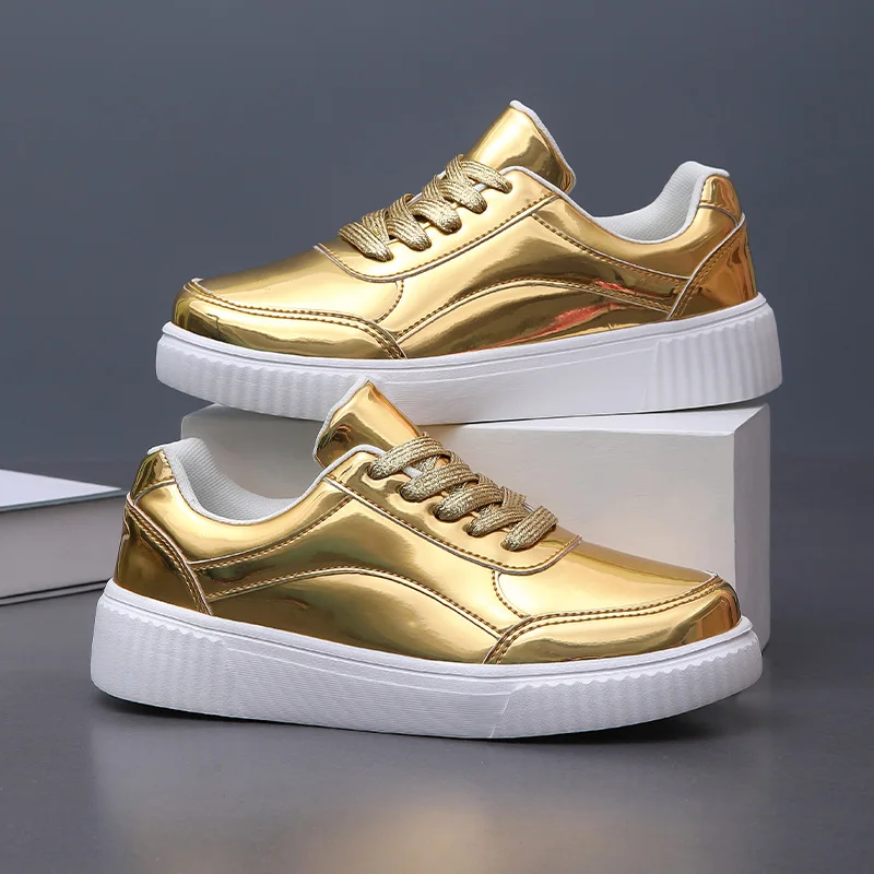 Metallic Gold Patent Leather Sneakers for Men Women, Shiny Low Top Lace Up Platform Skate Shoes, Glossy Fashion Casual Walking