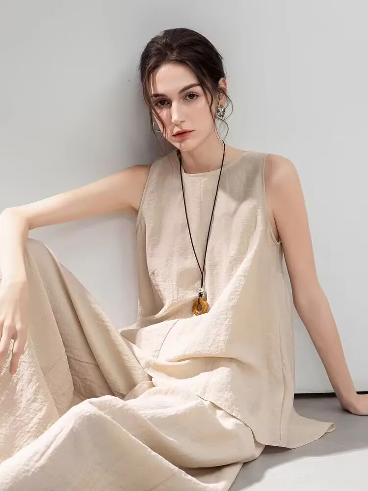 Top informal sin mangas y pantalones de pierna ancha, conjunto de dos piezas de lino y algodón a la moda para mujer, novedad de verano, moda perezosa para mujer N876