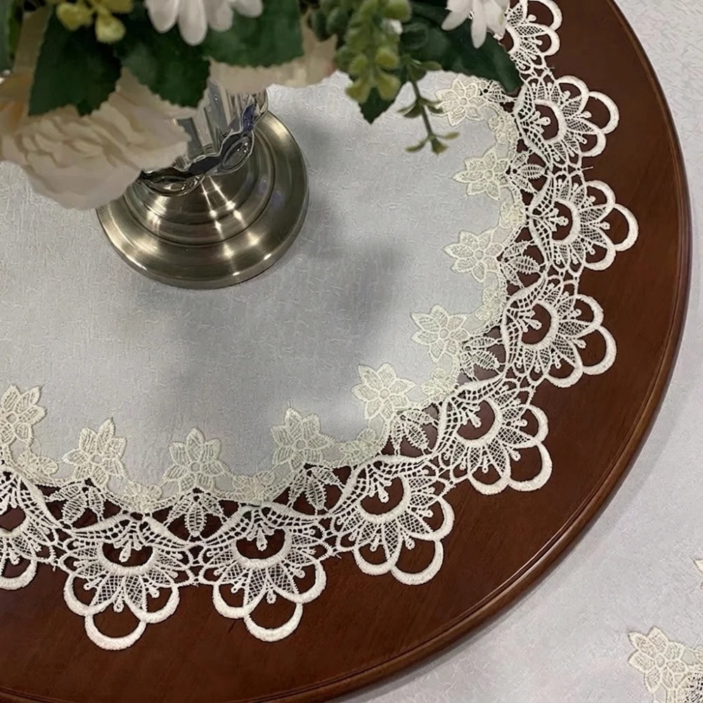 Luxurious Lace Floral Tablecloth Polyester Fabric Round Table Cover Vintage Style Dustproof Home Decoration Dining Mat