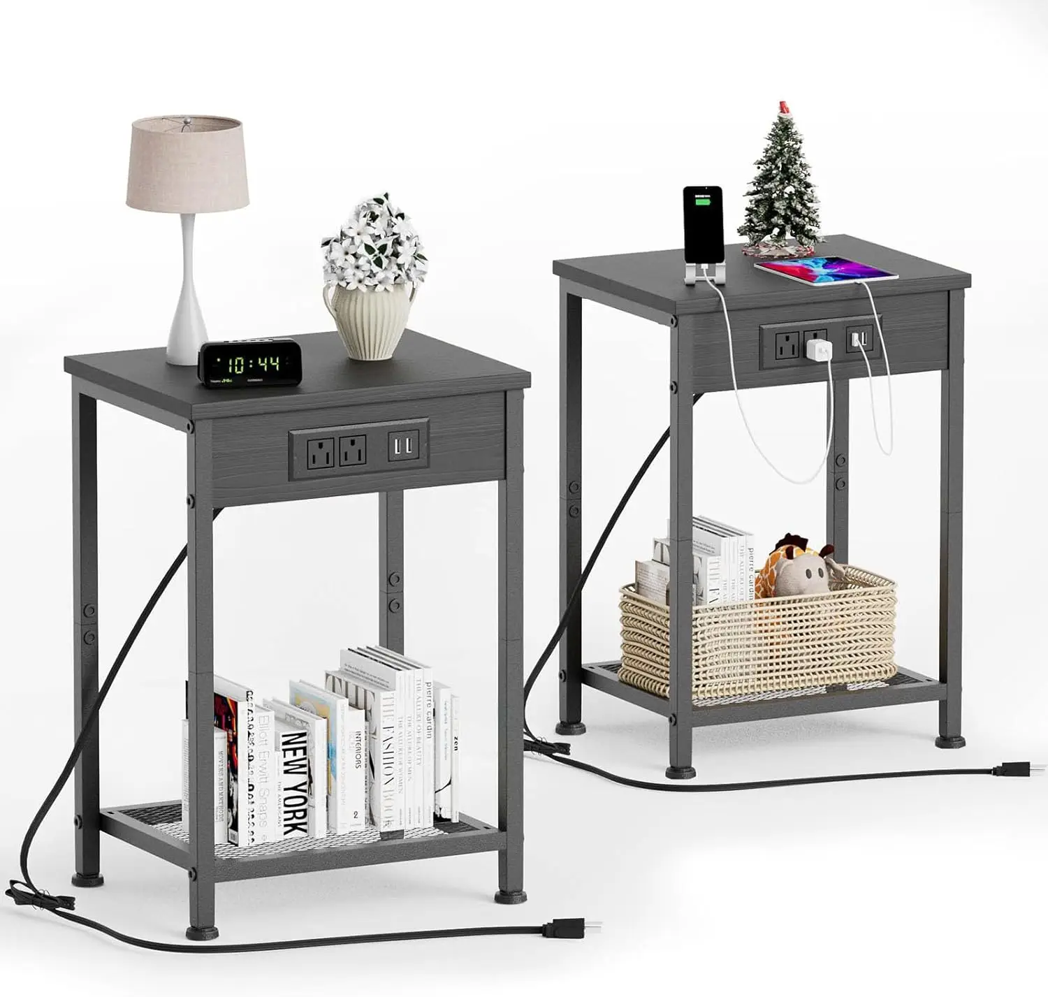 

Nightstands Set Of 2 With Charging Station, End Tables With U-S-B Ports And Power Outlets, Narrow Bedside Table Set Of 2 For