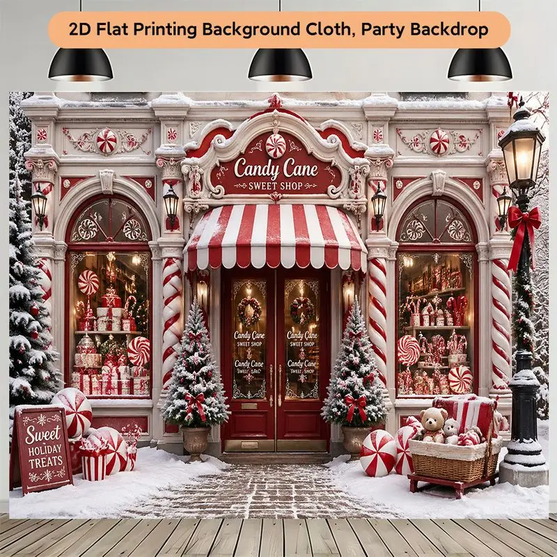 VIKAMA Candy Cane Tapestry Sweet Shop Storefront Red White Striped Peppermint Snow Winter Festive Christmas Holiday Decor