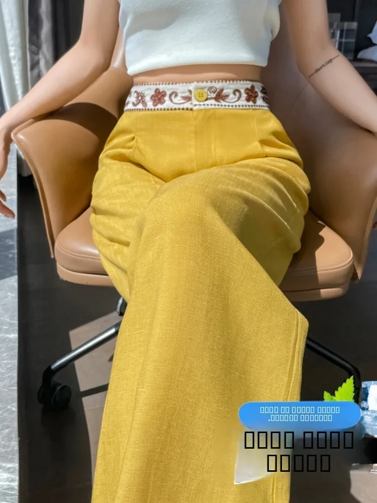 Plones Anchos Es con Bordado, Plones Casus de Corte Recto, Cintura Alta con Cierre de Botón, Sensación Fres...