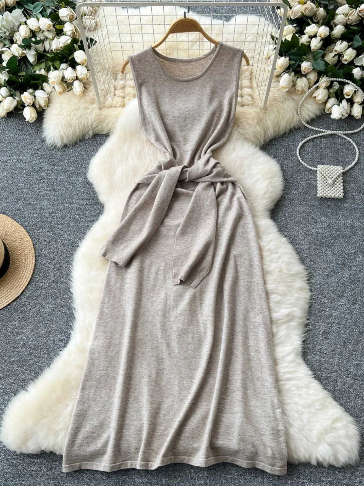 Foamlina Cross Strap Waist Crew Neck Sleeveless Knitted Dress Women's Niche Skinny Age Reduction Medium Long Vest Dress