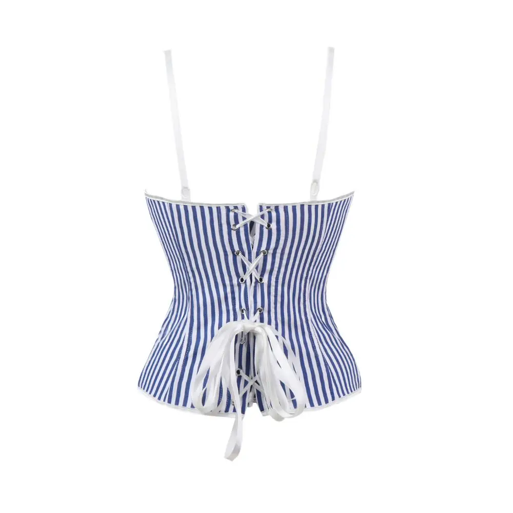 Vintage Blue White Stripe Corset Camisole Top Metal Button Front Slimming Waist Trainer French Nautical Summer Beachwear