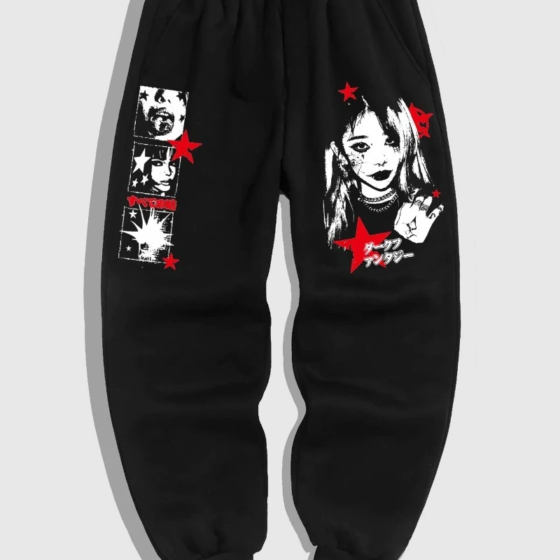 

Autumn/Winter Men's Y2K Embroidered Portrait Printed Casual Sports Pants, Medium Stretch, Drawstring, Geometric Pattern