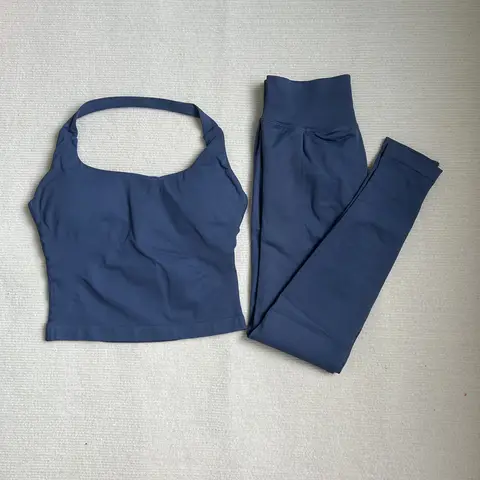 Impact Yoga Set Square Neck Halter Top and Seamless High Waist Pants Solid Color 2 Piece Workout Outfit for Women