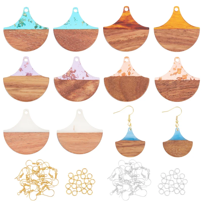 Unique Chic Fan Shape Resin Wood Pendants with Ear Hooks Jump Rings Kits for DIY Dangle Earrings Jewelry Maing Crafts Supplies