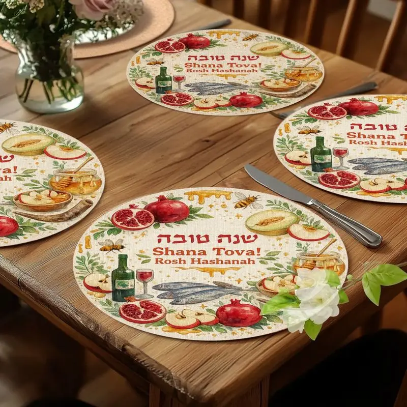 VIKAMA Rosh Hashanah Round Placemats Pomegranate Apple Honey Print Table Mats For Dining Room Kitchen Holiday Decor