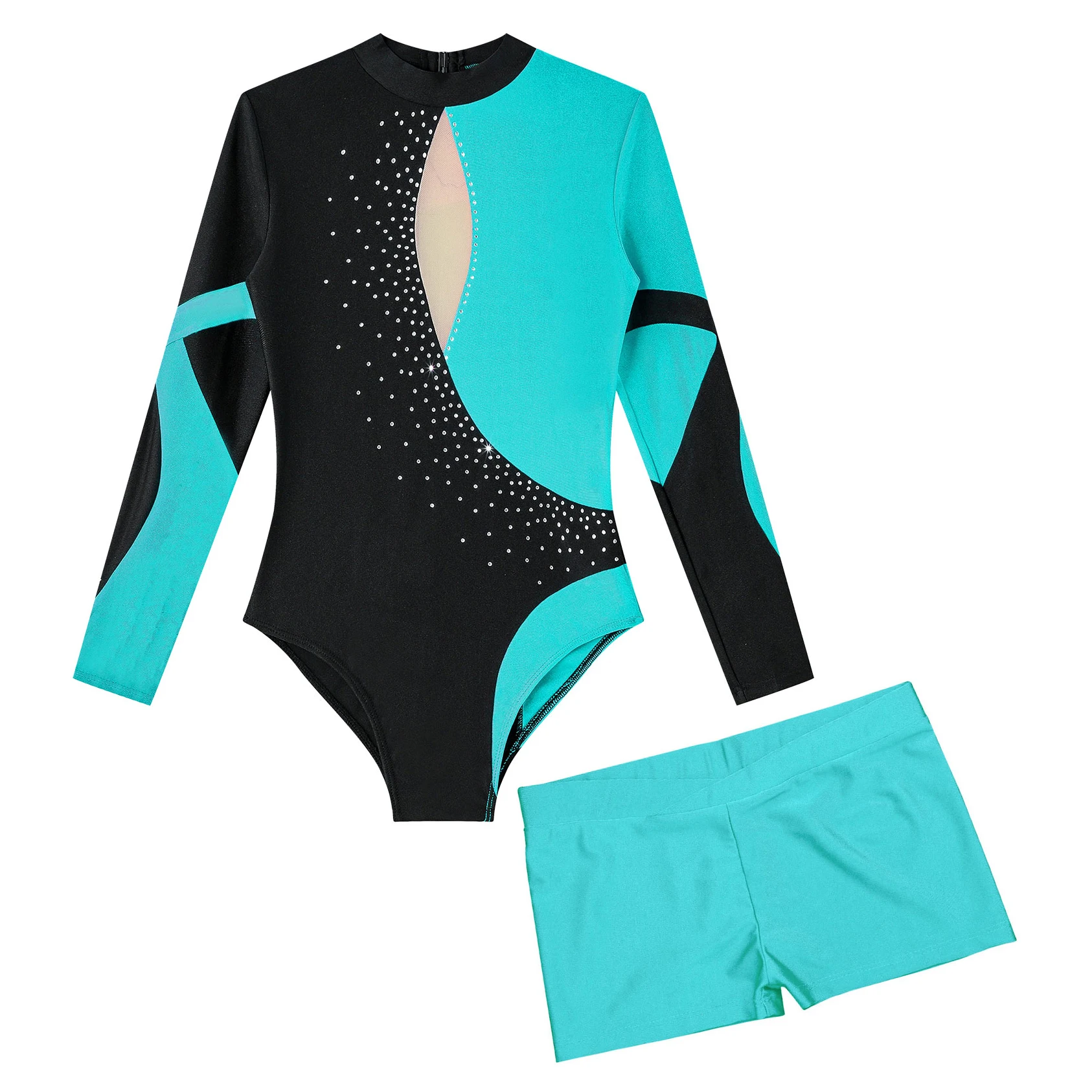 Children Long Sleeve Gymnastics Jumpsuits Ballet Dance Outfit Kids Girls Shiny Rhinestones Ballet Dance Leotard with Shorts