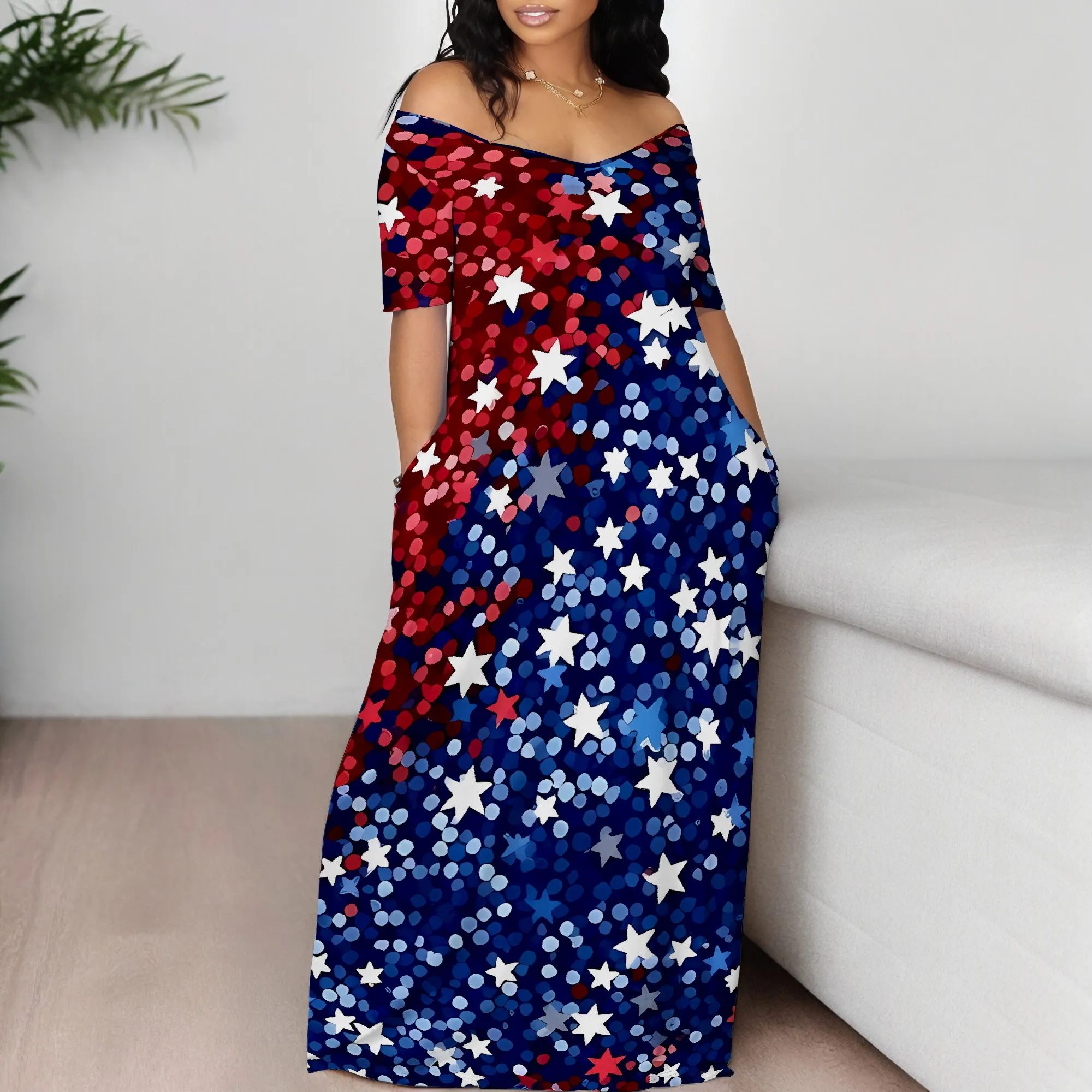 

Nupusa Star Print Summer Dress for Women Off Shoulder Short Sleeve Casual Maxi Dress