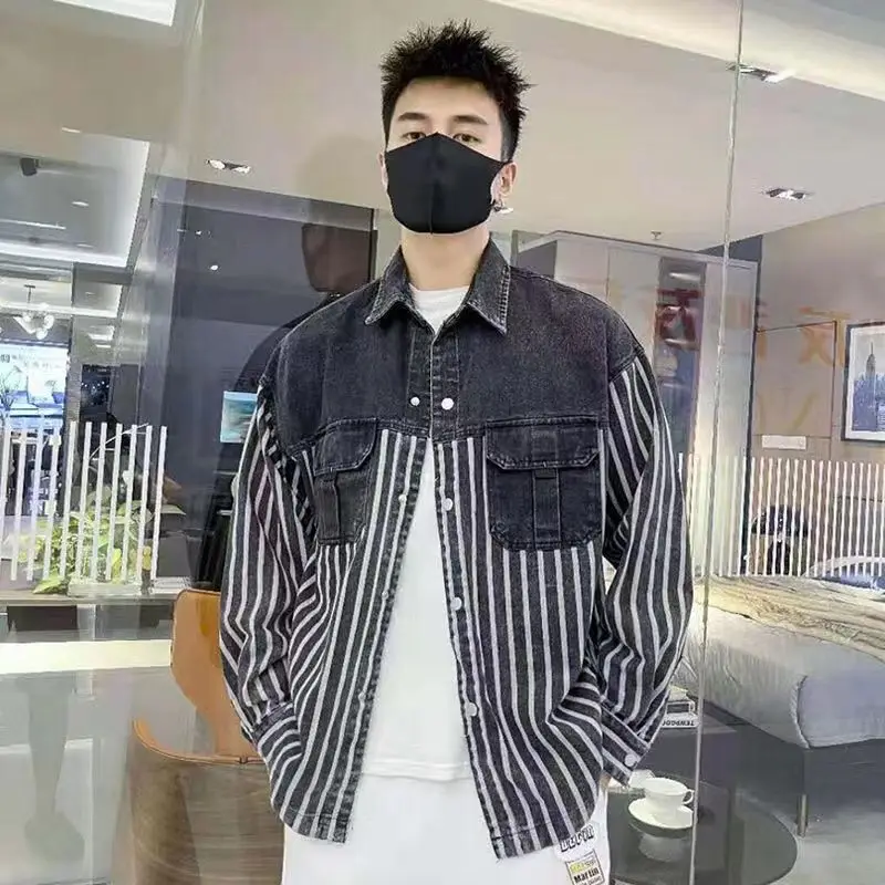 Spring and Autumn Fashion Men's Jacket on The Clothes Korean Version of The Trend Handsome Men's Casual Shirt Striped Denim Coat