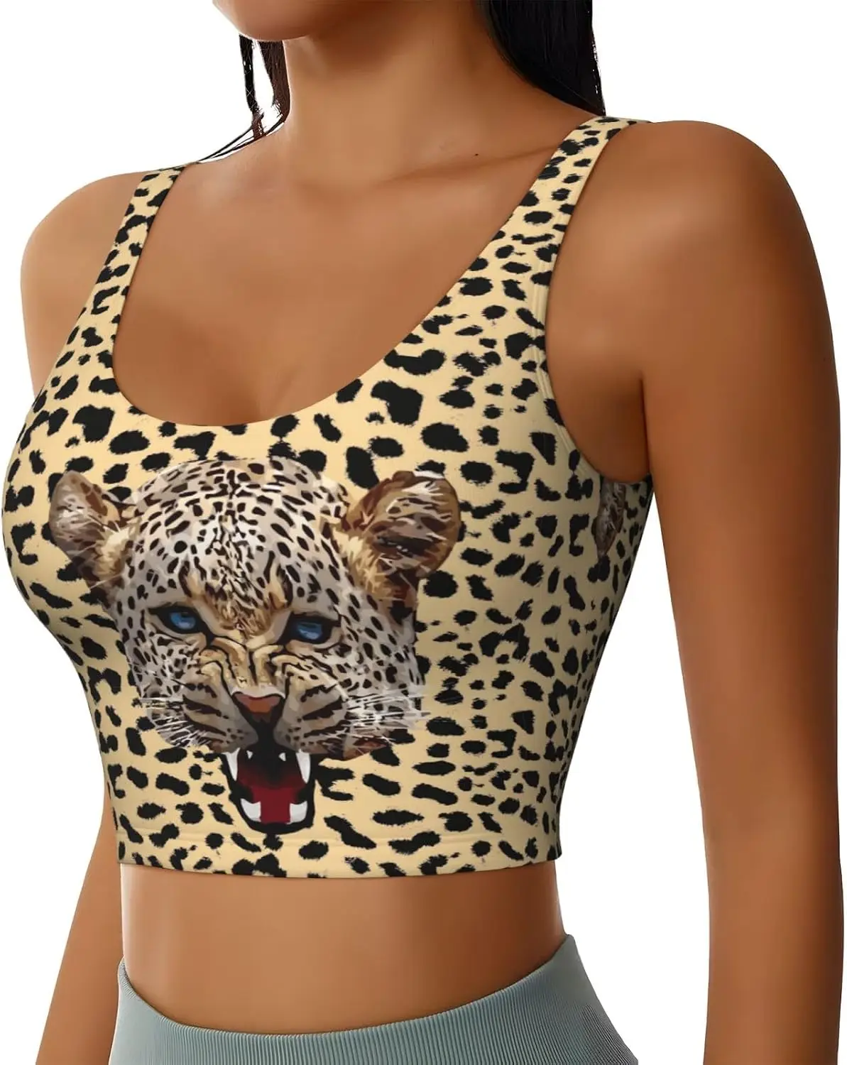 Women Leopard Print Crop Tank Top Roaring Leopard Head Graphic U‑Neck Sleeveless Slim Cropped Vest Stretchy