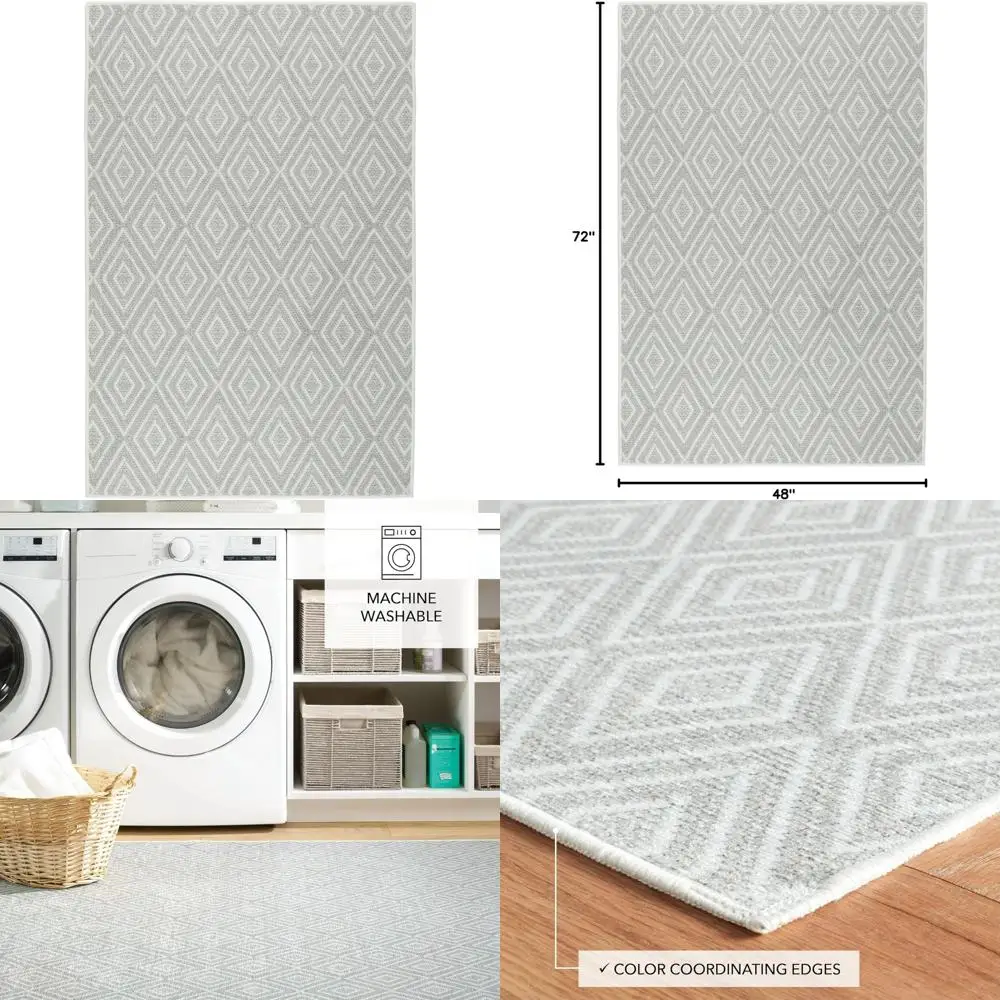 

Machine Washable Diamond Accent Area Rug 4x6 Feet - Platinum and White - Lightweight with Anti-Slip Backing for Enhanced Stabili