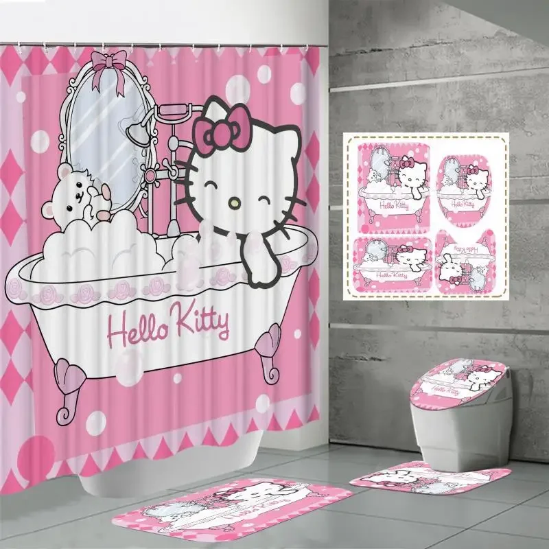 Hello Kitty Shower Curtain Four Piece Set Sanrio Anime Printing Water Proof Kit Shower Curtain Carpet U-Shaped Pad Wholesale