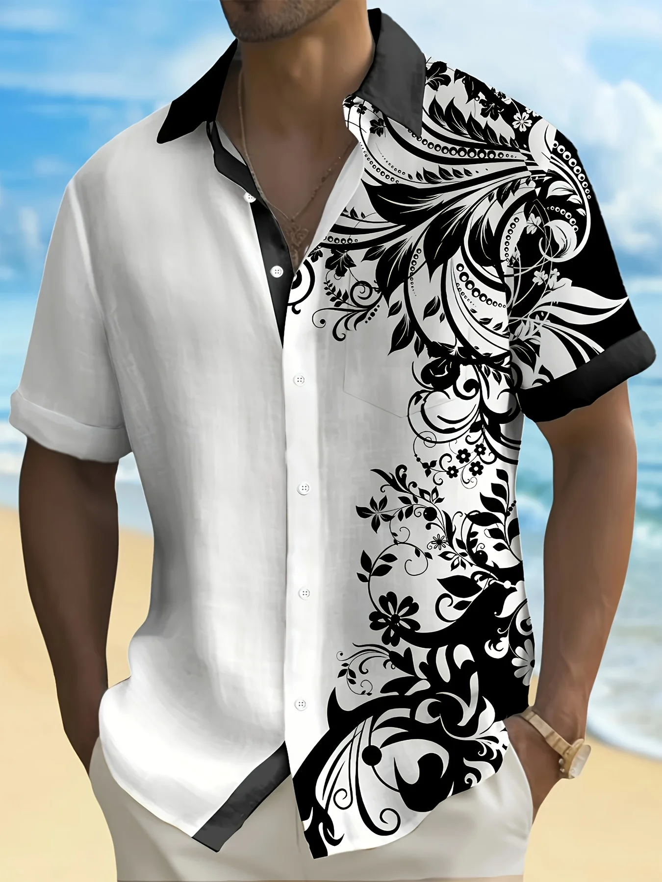 

Men'S Hawaiian Floral Printed Button Shirt With Chest Pockets