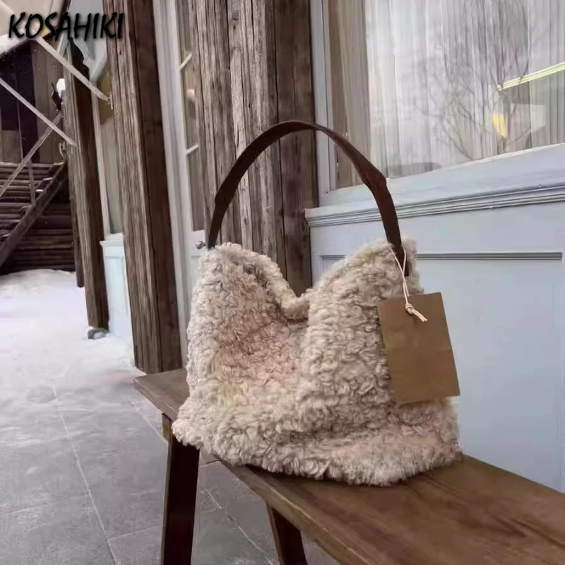 

Korean Chic Lamb Wool Women Shoulder Bags Fluffy Casual Fashion All Match Handbags Fairy Y2k Aesthetic Sweet Underarm Bag Trendy