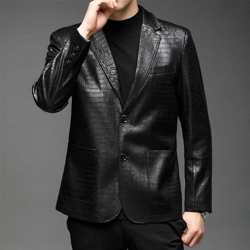 Men's Autumn Textured Printed Business Casual Fashion Leather Jacket