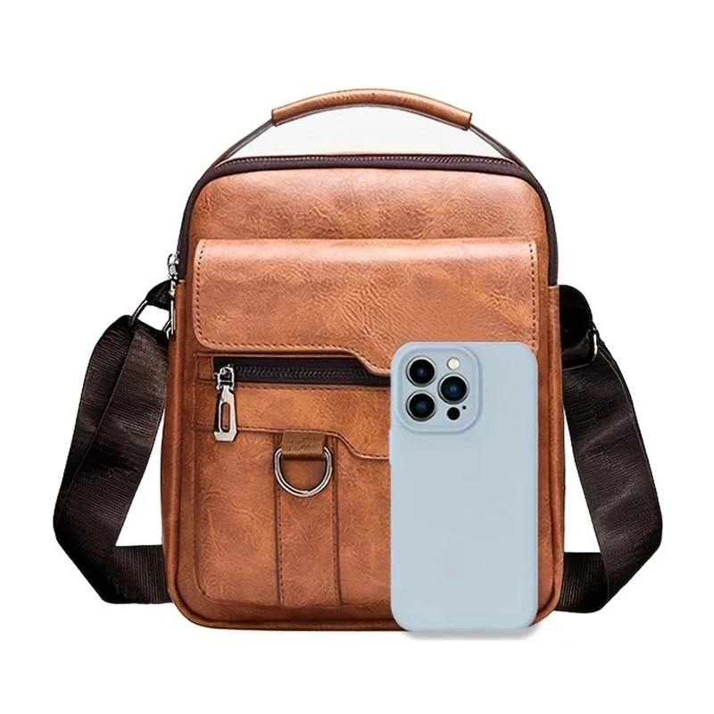 Herren Vintage PU-Leder Umhängetasche, lässige kleine Schulter-Messenger-Tasche mit mehreren Fächern, Handtasche für den täglichen Arbeits- und Reisegebrauch – Detail 4