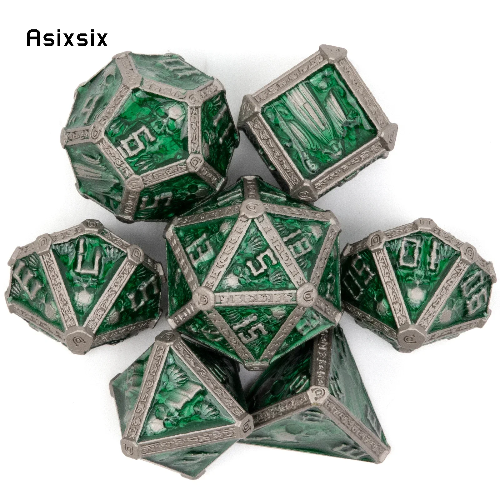 

7 Pcs Silver Green Skull Metal Dice Solid Metal Polyhedral Dice Set Suitable For Role-Playing RPG Gift Card Game