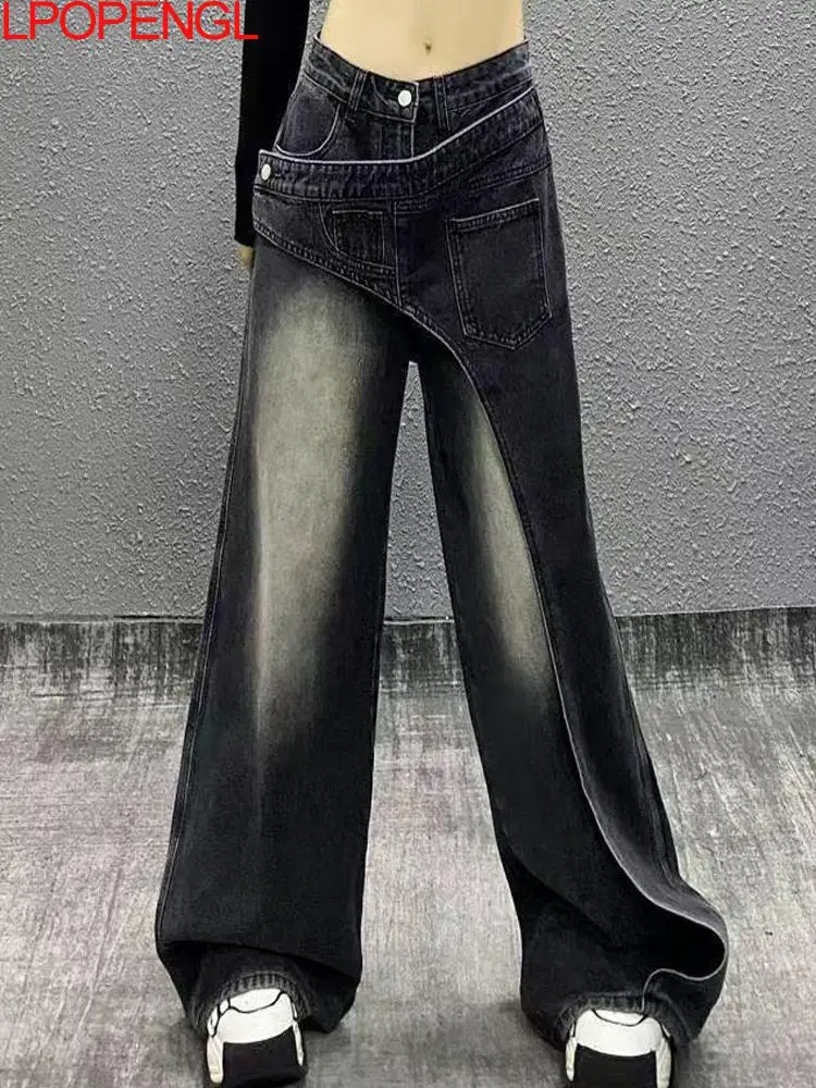 2026 Personalized American Style Fake Two Black Jeans Women's Patchwork New Loose Streetwear Irregular High Waist Wide Leg Pants