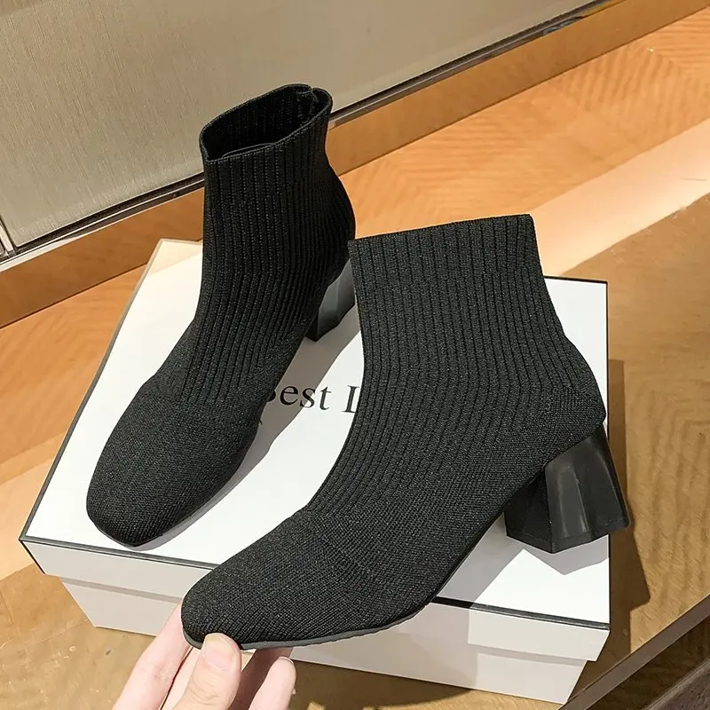 Square headed niche minimalist elastic socks and boots for women\'s 2024 new coarse and fashionable versatile knitted short boots