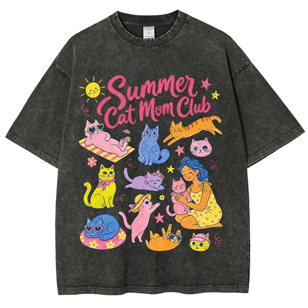 Cute Summer Cat Mom Club T-shirt Vintage Washed Oversized Graphic Tee Cat Lover Casual Short Sleeve Animal Print Tops