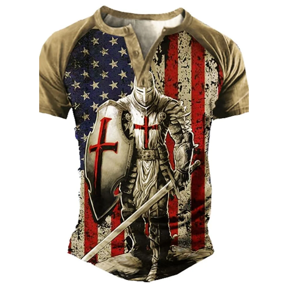 Knights Templar 3D Print Vintage Henley Shirts Men\'s Casual Fashion Streetwear Oversized Short Sleeve T Shirt Tees Tops Clothing